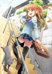 Rule 34 | 1girl, :d, absurdres, ahoge, bag, black thighhighs, blue jacket, blue skirt, bow, briefcase, brown bag, brown footwear, brown hair, cat, day, eretto, floating hair, hair between eyes, hair bow, highres, holding, holding bag, huge filesize, jacket, loafers, long hair, long sleeves, miniskirt, open mouth, original, outdoors, pink eyes, pink neckwear, plaid, plaid skirt, pleated skirt, school briefcase, shoes, skirt, smile, solo, stairs, thighhighs, walking, yellow bow, zettai ryouiki