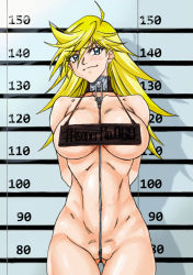 Rule 34 | 10s, 1girl, arms behind back, bdsm, blonde hair, blue eyes, blush, bondage, bound, breasts, collar, crotch rope, gluteal fold, jordi, large breasts, light smile, long hair, looking at viewer, mugshot, panty &amp; stocking with garterbelt, panty (psg), slave, solo, standing, thigh gap