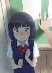 Rule 34 | 1boy, 1girl, against wall, aged down, black eyes, black hair, blunt bangs, blush, bob cut, bow, bowtie, breasts, chalkboard, classroom, commentary, curled fingers, dress shirt, embarrassed, hands on own chest, height difference, highres, kabedon, kyak bamboo, looking at viewer, looking up, nervous, nose blush, open mouth, original, pale skin, paper, parted lips, pov, pov hands, raised eyebrows, red bow, red bowtie, school uniform, shaded face, shadow, shirt, short hair, short sleeves, sliding doors, small breasts, solo focus, standing, surprised, sweatdrop, uniform, upper body, wainscoting, white shirt, wide-eyed, wooden wall