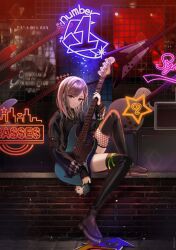 Rule 34 | 1girl, amplifier, asymmetrical footwear, bass guitar, black jacket, boots, brick wall, chocoroboco, colorful festival (project sekai), commentary, earrings, english commentary, english text, expressionless, fender precision bass, fishnet footwear, grey eyes, guitar, hair ornament, hairclip, hedgehog, highres, hinomori shiho, holding, holding bass guitar, holding guitar, holding instrument, instrument, instrument request, jacket, jewelry, led, light particles, looking at viewer, medium hair, project sekai, sitting, sitting on wall, sleeves past wrists, solo, stuffed animal, stuffed toy, thigh boots