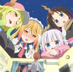 Rule 34 | 10s, 5girls, :d, :o, album cover, black bow, blonde hair, blue eyes, blush, bow, breasts, brown hair, clock, cover, d;, dragon girl, elma (maidragon), fang, giant, giantess, gloves, gradient hair, green eyes, hair bow, hat, horns, kadowaki miku, kanna kamui, kobayashi-san chi no maidragon, kobayashi (maidragon), large breasts, looking down, looking up, lowres, lucoa (maidragon), maid, maid headdress, mini person, minigirl, multicolored hair, multiple girls, necktie, night, night sky, official art, one eye closed, open mouth, pink sweater, pointing, red hair, red neckwear, room, scarf, single horn, size difference, sky, slit pupils, smile, star (sky), sweatdrop, sweater, television, tohru (maidragon), white hair, window, yellow eyes