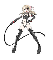 Rule 34 | 1girl, black choker, black leotard, bondage outfit, boots, bow, breasts, choker, clip studio paint (medium), clothing cutout, commission, cross-laced footwear, dominatrix, elbow gloves, eudetenis, fate/kaleid liner prisma illya, fate (series), front zipper, full body, gloves, grey hair, hair bow, highres, hip vent, holding, holding whip, illyasviel von einzbern, lace-up boots, leather, leather gloves, leotard, long legs, looking at viewer, navel, pale skin, pink bow, platform boots, platform footwear, platform heels, red eyes, revealing clothes, small breasts, solo, stomach cutout, thigh boots, variant set, whip, wrist straps