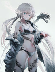 Rule 34 | 1girl, between fingers, bikini, bikini under clothes, black bikini, black jacket, blue eyes, cigarette, commentary request, grey background, grey hair, hair between eyes, highres, holding, holding cigarette, jacket, long hair, long sleeves, looking at viewer, low twintails, off shoulder, open clothes, open jacket, original, parted lips, puffy long sleeves, puffy sleeves, resolution mismatch, signature, simple background, skeleton, smoke, solo, source smaller, spine, swav, swimsuit, twintails, very long hair