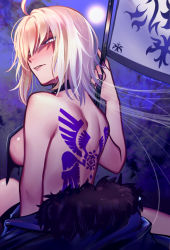 Rule 34 | 1girl, ahoge, back tattoo, blonde hair, breasts, choker, cloak, unworn cloak, commentary request, fate/grand order, fate (series), feather trim, flag, full moon, jeanne d&#039;arc (fate), jeanne d&#039;arc alter (avenger) (fate), jeanne d&#039;arc alter (fate), looking at viewer, looking back, march ab, medium breasts, moon, nail polish, night, night sky, no shirt, parted lips, purple nails, shaded face, shadow, short hair, sky, solo, standing, tattoo, topless, tree, upper body, yellow eyes
