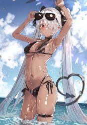 Rule 34 | 1girl, armpits, arms up, bikini, black bikini, black bow, black choker, black ribbon, blue archive, blue sky, blush, bow, breasts, choker, cleavage, closed mouth, commentary request, day, demon tail, eyewear on head, hair bow, hair over one eye, hand on headwear, heart, heart tail, highres, horizon, iori (blue archive), iori (swimsuit) (blue archive), light rays, long hair, looking at viewer, medium breasts, multi-strapped bikini bottom, navel, ocean, outdoors, pointy ears, red hair, ribbon, side-tie bikini bottom, silver hair, skindentation, sky, solo, stomach, sunbeam, sunglasses, sunlight, swimsuit, tail, the olphy, thigh strap, twintails, very long hair, wading, water