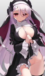 Rule 34 | 1girl, azur lane, black dress, braid, breasts, closed mouth, cross, dress, expressionless, frilled sleeves, frills, grey background, grey hair, habit, highres, humo, large breasts, long hair, long sleeves, looking at viewer, no panties, nun, own hands together, red eyes, simple background, skindentation, solo, thigh gap, thigh strap, thighs, very long hair, vestal (meta) (azur lane)