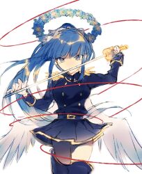 Rule 34 | 1girl, angel, angel wings, blue eyes, blue flower, blue hair, covered mouth, epaulettes, flower, funamusea, gloves, high ponytail, highres, holding, holding sword, holding weapon, looking at viewer, ltra marine, radishcarbon, string, string of fate, sword, weapon, white background, white gloves, wings, wreath halo