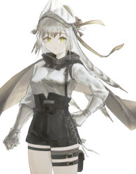 Rule 34 | 1girl, aiv, arknights, black shorts, breasts, commentary, cowboy shot, fartooth (arknights), gloves, grey gloves, grey hair, grey shirt, hand on own hip, high-waist shorts, highres, long hair, long sleeves, looking at viewer, medium breasts, pouch, shirt, shorts, simple background, solo, standing, thigh strap, thighs, very long hair, white background, yellow eyes