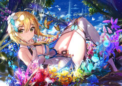 Rule 34 | 1girl, absurdres, ahoge, aqua flower, blonde hair, blue flower, blue sky, boots, breasts, bug, butterfly, cleavage, commentary request, detached sleeves, dress, finger to cheek, flower, genshin impact, green flower, hair between eyes, hair flower, hair ornament, hand up, high heel boots, high heels, highres, huge filesize, insect, knees together feet apart, long hair, long sleeves, looking away, lumine (genshin impact), medium breasts, open mouth, parted lips, pink flower, prinz eugen1938, purple flower, red flower, sky, solo, thigh boots, thighhighs, tree, water, white dress, white flower, white footwear, white thighhighs, yellow butterfly, yellow eyes, yellow flower