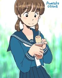 Rule 34 | 00s, 1girl, 2003, aliasing, artist name, awatake takahiro, blush, brown hair, burrito, dated, food, happy, low twintails, lowres, school uniform, serafuku, short twintails, smile, solo, twintails