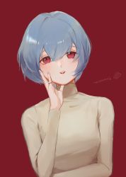 Rule 34 | 1girl, ayanami rei, blue hair, brown sweater, commentary, dated, hand up, highres, jewelry, long sleeves, looking at viewer, neon genesis evangelion, parted lips, red background, red eyes, ring, sandwich (3meiji), short hair, simple background, solo, sweater, turtleneck, turtleneck sweater, upper body
