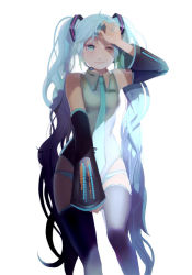 Rule 34 | 1girl, aqua eyes, aqua hair, bad id, bad pixiv id, detached sleeves, female focus, hatsune miku, headset, kin (aaaa), long hair, necktie, panties, simple background, smile, solo, thighhighs, twintails, underwear, very long hair, vocaloid, white background, wince