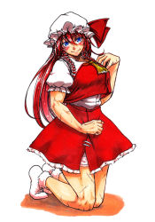 Rule 34 | 1girl, ascot, blue eyes, blush, bobby socks, braid, breasts, commentary request, cosplay, flandre scarlet, flandre scarlet (cosplay), frilled skirt, frills, full body, hair between eyes, hand up, hat, hat ribbon, hong meiling, kneeling, koyubi (littlefinger1988), large breasts, legs, long hair, looking at viewer, mob cap, muscular, muscular female, no shoes, outline, puffy short sleeves, puffy sleeves, red hair, red skirt, red vest, ribbon, scar, shirt, short sleeves, simple background, skirt, skirt set, smile, socks, solo, thighs, touhou, twin braids, very long hair, vest, white background, white shirt, white socks