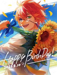 Rule 34 | 1boy, black sweater vest, blue ribbon, d.gray-man, dated, earrings, eyepatch, floating hair, flower, from behind, green eyes, hair between eyes, happy birthday, holding, holding flower, jewelry, lavi, looking at viewer, looking back, male focus, open mouth, orange hair, petals, ribbon, shirt, short hair, sidelocks, smile, solo, sunflower, sweater vest, teeth, uzura-000, white shirt
