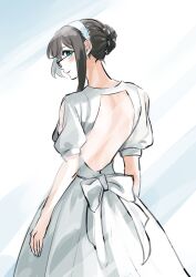 Rule 34 | 1girl, amanattou shigure, anniversary, backless outfit, black hair, commentary request, dress, feet out of frame, from behind, glasses, green eyes, hair bun, hairband, highres, kantai collection, long hair, looking at viewer, looking back, official alternate hairstyle, ooyodo (kancolle), sidelocks, single sidelock, solo, white background, white dress, white hairband