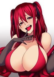 Rule 34 | 1girl, absurdres, aka noju, bare shoulders, black neckwear, breasts, cleavage, dress, elbow gloves, eyebrows, eyes visible through hair, gesugao, gloves, highres, huge breasts, hz (666v), jewelry, licking, licking finger, looking at viewer, looking to the side, neckwear request, original, red dress, red eyes, red hair, tongue, twintails, white background