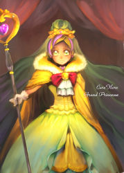 Rule 34 | 1girl, blonde hair, bow, brooch, cape, character name, closed mouth, cowboy shot, cure flora, cure flora (grand princess), dress, earrings, expressionless, go! princess precure, green eyes, hair ornament, haruno haruka, heart wand, holding, holding staff, jewelry, jj (ssspulse), long hair, looking at viewer, magical girl, multicolored hair, pink hair, precure, red bow, solo, staff, standing, streaked hair, thick eyebrows, two-tone hair, very long hair, yellow cape, yellow dress