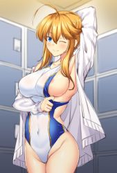 Rule 34 | 1girl, ahoge, areola slip, arm behind head, arm up, artoria pendragon (fate), artoria pendragon (lancer) (fate), blue eyes, blue one-piece swimsuit, blush, braid, breasts, cleavage, closed mouth, clothes pull, colored eyelashes, commentary request, competition swimsuit, contemporary, covered erect nipples, cowboy shot, fate/grand order, fate (series), french braid, hair between eyes, highleg, highleg swimsuit, highres, indoors, jacket, large breasts, looking at viewer, navel, one-piece swimsuit, one-piece swimsuit pull, one eye closed, open clothes, open jacket, see-through, shirokuma a, sidelocks, skindentation, smile, solo, swept bangs, swimsuit, thighs, track jacket, wet, white jacket, white one-piece swimsuit