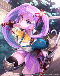 Rule 34 | 1girl, :o, armor, bell, blue eyes, boots, breasts, copyright name, ear piercing, greaves, hair bell, hair ornament, highres, holding, holding sword, holding weapon, katana, knee boots, looking at viewer, looking up, mansu, medium breasts, moriah saga, open mouth, piercing, purple hair, purple skirt, skirt, solo, sword, thighhighs, tree, twintails, weapon, yellow neckwear