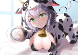 Rule 34 | 1girl, :3, absurdres, all fours, alternate costume, animal ears, animal print, arm support, baby bottle, bikini, bikini under clothes, black bikini, black neckwear, blush, bottle, breasts, choker, cleavage, closed mouth, cow ears, cow horns, cow print, cow tail, cowbell, fairykill, fake tail, feet out of frame, green eyes, hair between eyes, hanging breasts, head tilt, highres, holding, holding bottle, hololive, hood, hood up, hooded pajamas, hoodie, horns, large breasts, looking at viewer, medium hair, micro bikini, milk bottle, mole, mole on breast, naughty face, on bed, open pajamas, pajamas, print pajamas, shirogane noel, silver hair, smile, solo, swimsuit, tail, virtual youtuber