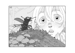 Rule 34 | 1girl, beetle, blush, border, bug, carlotta dicataldo, close-up, eyebrows, greyscale, hair between eyes, halftone, hand up, highres, insect, looking at viewer, monochrome, mushroom, nose, nostrils, open hand, open mouth, original, outdoors, portrait, rebis (carlotta dicataldo), rounded corners, signature, solo, stag beetle, teeth, thick eyebrows, tree, white border, wide-eyed