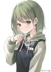 Rule 34 | absurdres, apron, arm up, black apron, blush, collarbone, green eyes, green hair, grey background, grey hoodie, hand to own mouth, highres, hood, hoodie, idolmaster, idolmaster shiny colors, kawai ritsu (rits meg), long sleeves, looking at viewer, looking to the side, name tag, nanakusa nichika, simple background, smile, solo, twitter username, upper body, white background
