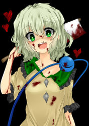 Rule 34 | 1girl, :d, axe, bad id, bad pixiv id, blood, blood on face, collared shirt, female focus, frilled shirt, frilled sleeves, frills, green eyes, green hair, hatchet, hatchet (axe), heart, highres, komeiji koishi, koyashaka, matching hair/eyes, messy hair, no headwear, no headwear, open mouth, over shoulder, shirt, short sleeves, smile, solo, third eye, touhou, upper body, weapon, weapon over shoulder, yandere
