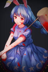 Rule 34 | 1girl, animal ears, blood, blood on clothes, blood on face, blood on hands, blood splatter, bloody clothes, bloody dress, bloody weapon, blue dress, blue hair, braid, dress, glowing, glowing eyes, gradient background, highres, kine, looking at viewer, mallet, open mouth, puffy short sleeves, puffy sleeves, rabbit ears, red eyes, seiran (touhou), shone, short sleeves, smile, solo, touhou, weapon