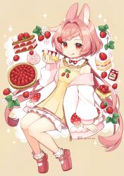 Rule 34 | 1girl, :q, animal ear fluff, animal ears, aona (noraneko), bloomers, braid, braided bangs, cake, cake slice, collar, doily, dress, flower, food, food-themed clothes, food-themed hair ornament, food print, frilled collar, frilled socks, frills, fruit, fruit tart, full body, hair intakes, hair ornament, highres, holding, holding food, invisible chair, jacket, jam, jar, leaf, long hair, looking at viewer, low twintails, mary janes, mille-feuille, off shoulder, open clothes, open jacket, original, pastry, pink footwear, pink hair, platform footwear, pleated dress, rabbit ears, rabbit girl, red eyes, red ribbon, ribbon, shoes, sitting, sleeveless, sleeveless dress, socks, spaghetti strap, sparkle, strawberry, strawberry blossoms, strawberry hair ornament, strawberry print, strawberry shortcake, strawberry tart, swiss roll, tart (food), tongue, tongue out, twintails, underwear, whipped cream, white bloomers, white flower, white jacket, white socks, yellow background, yellow dress, zipper pull tab