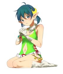 Rule 34 | 1girl, ahoge, animal feet, animal hands, belt, blue eyes, blue hair, blush, breasts, cat tail, cleavage cutout, clothing cutout, cosplay, crescent, crescent hair ornament, full body, gloves, green leotard, hair ornament, heart cutout, highres, jewelry, leotard, looking at viewer, navel, navel cutout, paw gloves, paw shoes, perisie (star ocean), pointy ears, rena lanford, short hair, simple background, small breasts, solo, star ocean, star ocean first departure, star ocean the second story, syaccchio10, tail, white background