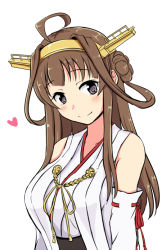 Rule 34 | 10s, 1girl, ahoge, aiguillette, bad id, bad pixiv id, bare shoulders, blunt bangs, blush, brown hair, closed mouth, collarbone, detached sleeves, eyebrows, head tilt, headgear, heart, japanese clothes, kantai collection, kimono, kongou (kancolle), long hair, long sleeves, looking at viewer, nontraditional miko, purple eyes, red ribbon, ribbon, ribbon-trimmed sleeves, ribbon trim, shigure ryuunosuke, simple background, sleeveless, sleeveless kimono, smile, solo, upper body, white background