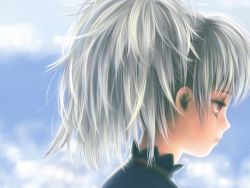 Rule 34 | 00s, 1girl, closed mouth, cloud, cloudy sky, darker than black, day, expressionless, female focus, from side, maroon eyes, pink eyes, ponytail, profile, sky, solo, toshi hiroshi, upper body, white hair, yin (darker than black)