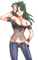Rule 34 | 1girl, artist request, bare shoulders, blue eyes, breasts, cleavage, denim, fishnets, green hair, jeans, large breasts, long hair, midriff, no panties, non-web source, pants, solo
