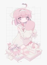 Rule 34 | 1girl, ahoge, bandaged leg, bandages, cake, cake slice, choker, closed mouth, daizu (melon-lemon), detached ahoge, detached sleeves, dress, eyes visible through hair, faux figurine, food, full body, grid background, hair between eyes, hairband, heart, heart ahoge, highres, holding pill, hugging object, long sleeves, looking at viewer, medium hair, momone chinoi, original, pill, pink dress, pink eyes, pink hair, pink theme, pink thighhighs, scissors, second-party source, sitting, sleeve bow, sleeveless, sleeveless dress, sleeves past wrists, solo, strawberry shortcake, stray hair, striped clothes, striped thighhighs, stuffed animal, stuffed toy, stuffing, teddy bear, thighhighs, two side up, virtual youtuber, wariza, white background, white choker, white hairband, white sleeves