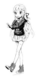 Rule 34 | 1girl, bad id, bad pixiv id, greyscale, hair ribbon, hand to own mouth, kanjy00u, long hair, long image, monochrome, open mouth, original, outstretched hand, ribbon, school uniform, serafuku, shoes, sketch, skirt, sneakers, solo, sweatdrop, tall image, thighhighs, white thighhighs