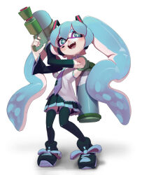 Rule 34 | 1girl, absurdres, arm tattoo, bare shoulders, black footwear, black skirt, black sleeves, black thighhighs, blue eyes, blue hair, blue necktie, crossover, detached sleeves, full body, grey shirt, hatsune miku, headset, highres, holding, holding water gun, ink tank (splatoon), inkling, inkling girl, inkling player character, light blue hair, long hair, long sleeves, looking at viewer, miniskirt, necktie, nintendo, number tattoo, open mouth, pleated skirt, shirt, shoelaces, shoes, simple background, skirt, sleeveless, sleeveless shirt, smile, solo, splatoon (series), splattershot (splatoon), standing, tattoo, thighhighs, topdylan, twintails, very long hair, vocaloid, water gun, white background, zettai ryouiki