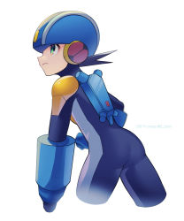 Rule 34 | 1boy, arm cannon, artist name, ass, black hair, blue bodysuit, blue headwear, bodysuit, clenched hand, closed mouth, commentary request, cropped legs, dated, green eyes, helmet, highres, looking to the side, male focus, mega man (series), mega man battle network, mega man battle network (series), megaman.exe, netnavi, short hair, simple background, solo, twitter username, weapon, white background, zero-go