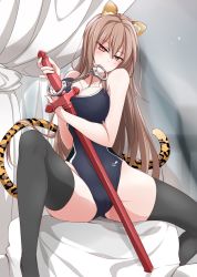 Rule 34 | 1girl, animal ears, black thighhighs, blush, breasts, brown hair, cameltoe, cat ears, cat tail, cleavage, cuffs, eyebrows, handcuffs, holding, holding weapon, large breasts, lindoh flores, long hair, one-piece swimsuit, original, red-eyes macadamiachoco, red eyes, sitting, solo, spread legs, swimsuit, sword, tail, teeth, thighhighs, tiger ears, tiger tail, weapon
