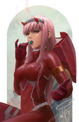 Rule 34 | 1girl, bodysuit, candy, castcuraga, darling in the franxx, food, highres, holding, holding candy, holding food, holding lollipop, horns, lollipop, long hair, pink hair, red horns, zero two (darling in the franxx)