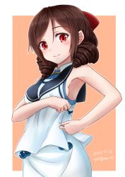 Rule 34 | 1girl, alternate costume, border, bow, breasts, brown hair, cosplay, costume switch, dated, dressing, drill hair, hair bow, harukaze (kancolle), highres, kantai collection, neckerchief, pink background, red bow, red eyes, sailor collar, samidare (kancolle) (cosplay), samidare (kancolle), school uniform, serafuku, shirt, skirt, sleeveless, sleeveless shirt, small breasts, solo, twin drills, twitter username, watage (wata), white border, white serafuku, white shirt, white skirt