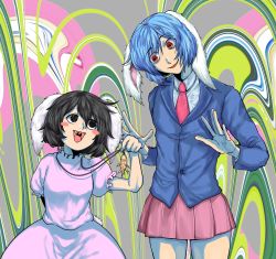 Rule 34 | 1boy, 1girl, abstract background, absurdres, animal ears, babus (nicoseiga56306120), bad id, bad nicoseiga id, black eyes, black hair, blazer, blue hair, blue jacket, commentary request, cookie (touhou), cowboy shot, crossdressing, dress, fang, floppy ears, frilled dress, frills, hair between eyes, head tilt, highres, inaba tewi, jacket, jun (cookie), long sleeves, looking at another, looking to the side, necktie, no pupils, open mouth, pink dress, pink skirt, pleated skirt, puffy short sleeves, puffy sleeves, rabbit ears, rabbit girl, rabbit tail, red eyes, red neckwear, reisen (touhou bougetsushou), ribbon-trimmed dress, short hair, short sleeves, skirt, smile, stella (cookie), tail, tongue, touhou, uvula