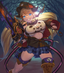 Rule 34 | 1girl, blonde hair, blue eyes, breast press, breasts, chainsaw, draph, granblue fantasy, grin, gwtm2288, hallessena, halloween costume, hat, highres, horns, large breasts, long hair, low twintails, navel, night, plaid, plaid skirt, pointy ears, skirt, smile, solo, twintails
