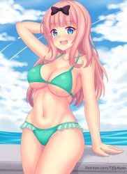 Rule 34 | 1girl, :d, arm behind head, arm support, arm up, bare arms, bare shoulders, bikini, black bow, blue eyes, blue sky, blunt bangs, blush, bow, breasts, cleavage, cloud, cloudy sky, collarbone, commentary, day, english commentary, frilled bikini, frills, fujiwara chika, green bikini, hair bow, highres, horizon, kaguya-sama wa kokurasetai ~tensai-tachi no renai zunousen~, large breasts, long hair, looking at viewer, navel, nottytiffy, ocean, open mouth, outdoors, pink hair, round teeth, sky, smile, solo, swimsuit, teeth, upper teeth only, very long hair, water, watermark, web address