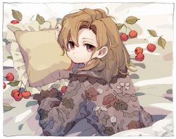 Rule 34 | 1girl, border, brown eyes, brown hair, cherry, closed mouth, floral print, food, from behind, fruit, ka (marukogedago), leaf, looking at viewer, looking back, lying, medium hair, on bed, on stomach, original, pillow, solo, under covers, white border