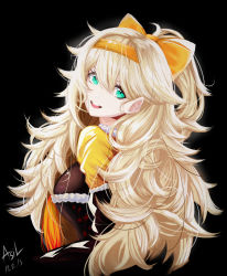 Rule 34 | 1girl, absurdres, aqua eyes, artist name, asil, black background, blonde hair, bow, breasts, dated, girls&#039; frontline, hair between eyes, hair bow, hairband, highres, long hair, looking at viewer, messy hair, official alternate costume, open mouth, orange bow, s.a.t.8 (girls&#039; frontline), s.a.t.8 (wintersweet) (girls&#039; frontline), smile, solo