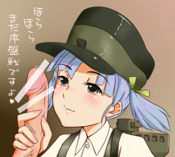 Rule 34 | 10s, 1girl, bad id, bad pixiv id, blue hair, blush, censored, grey eyes, hat, hydrangia, kantai collection, ooshio (kancolle), peaked cap, penis, pointless censoring, precum, short hair, short twintails, solo focus, suspenders, twintails