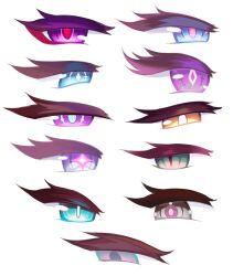 annotated aqua_eyes blue_eyes character_request eye_focus eyelashes green_eyes grey_eyes highres honkai_(series) honkai_impact_3rd kiana_kaslana minxinq pink_pupils purple_eyes purple_pupils simple_background white_background yellow_eyes