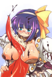 Rule 34 | 1girl, armor, between breasts, blue background, blue eyes, blunt bangs, blush, bob cut, breasts, closed mouth, commentary request, emon-yu, genetic (ragnarok online), glasses, gradient background, grey hairband, hairband, large breasts, living clothes, nipples, pauldrons, purple hair, ragnarok online, round eyewear, short hair, shoulder armor, slime (substance), teeth, tentacles, upper body