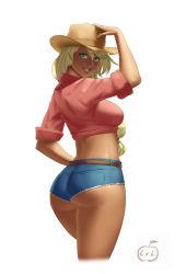 Rule 34 | 1girl, applejack, ass, blonde hair, blue eyes, blush, breasts, cowboy hat, cropped legs, dark-skinned female, dark skin, denim, denim shorts, green eyes, hat, large breasts, long hair, looking at viewer, looking back, low-tied long hair, lvl (sentrythe2310), my little pony, my little pony: friendship is magic, personification, short shorts, shorts, simple background, smile, solo, tan, white background