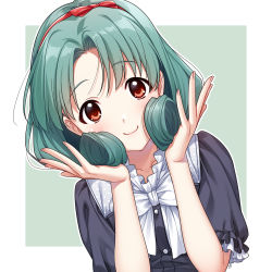 Rule 34 | 1girl, aqua hair, black shirt, blush, border, bow, bow hairband, bowtie, brown eyes, buttons, closed mouth, collarbone, collared shirt, curly hair, fingernails, frilled shirt collar, frilled sleeves, frills, green background, hair bow, hairband, hands up, highres, holding, holding own hair, idolmaster, idolmaster million live!, leaning to the side, looking at viewer, medium hair, mikapoe, outside border, parted bangs, red bow, red hairband, shirt, short sleeves, smile, solo, tokugawa matsuri, upper body, white border, white bow, white bowtie